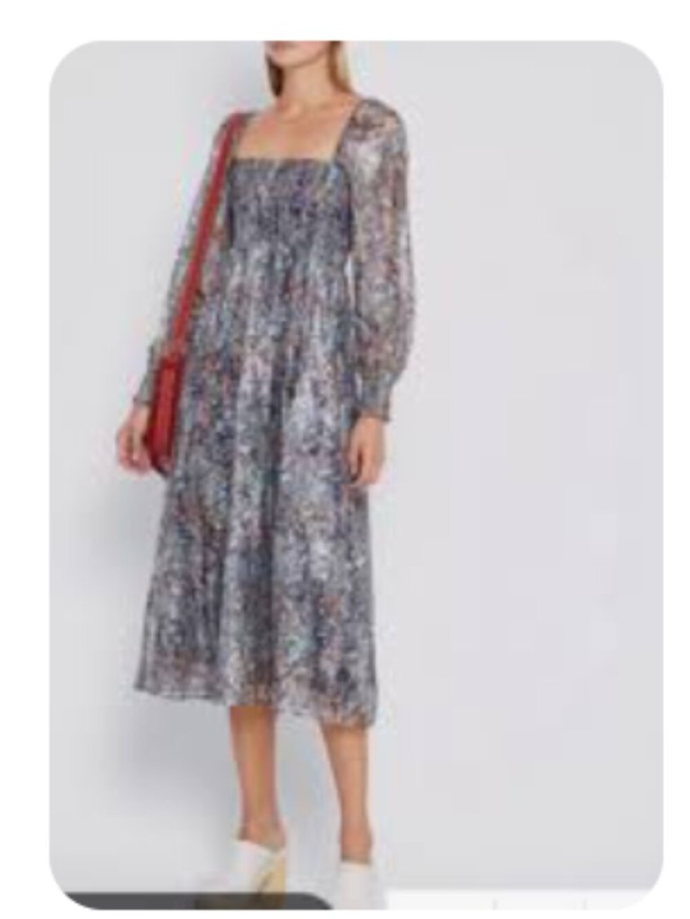 O.P.T. Metallic Floral Smocked Long Sheer Sleeve Midi Dress size Small - Picture 2 of 9